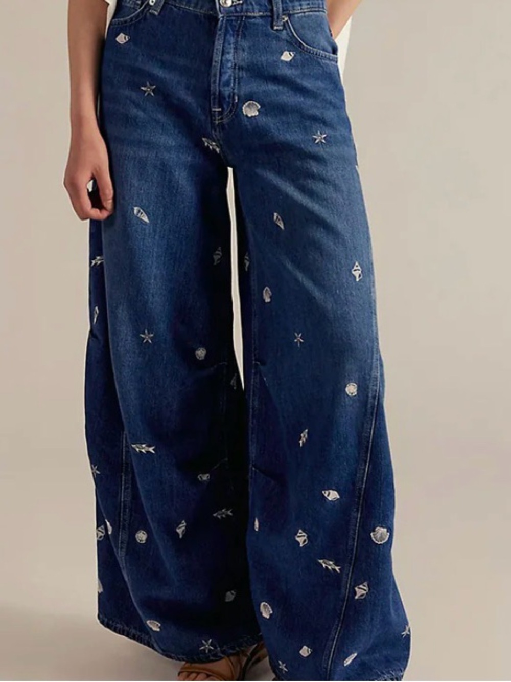Free Peoples Westwood Wide Leg Embroidered  shell fish Dark Blue Women's Jeans